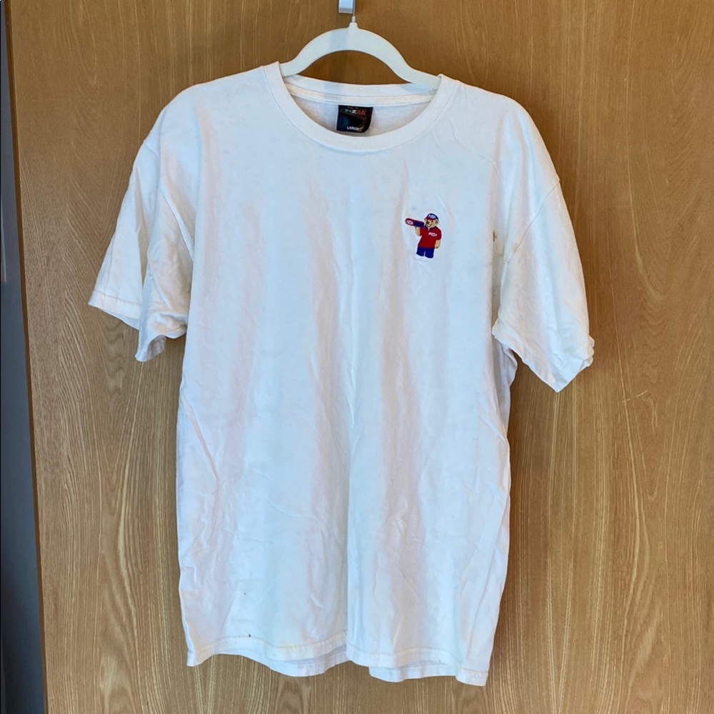 Pizza White Short Sleeve Tees with Red Teddy Bear Delivery Man Accent